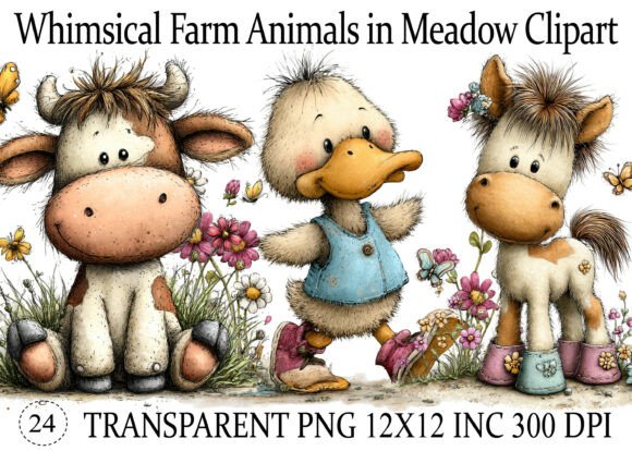 Download Whimsical Farm Animals in Meadow Clipart - Farm animals Collection
