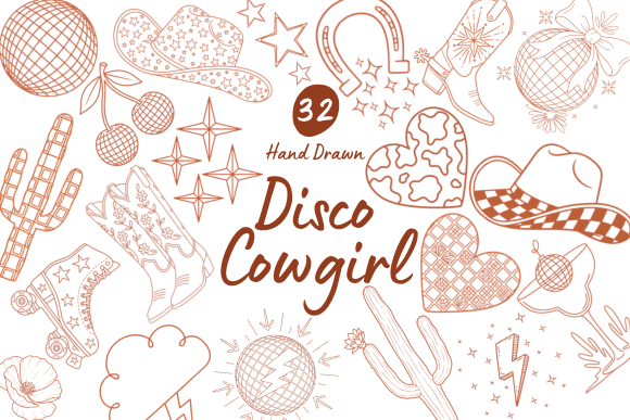 Download 32 Disco Cowgirl Hand Drawn Graphics - Hand drawn Collection