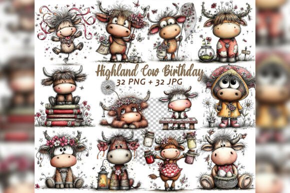 Download Whimsical Highland Cow Birthday Clipart - Premium Resources