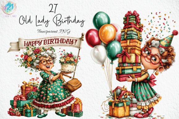 Download Whimsical Old Lady Birthday Clipart PNG - Premium Resources