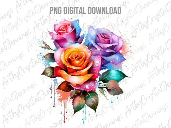 Download Vibrant Watercolor Rainbow Roses PNG - Vibrant watercolor Collection