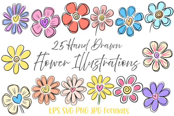 Download 25 Heart Doodle Hand Drawn Flowers Flora - Hand drawn Collection