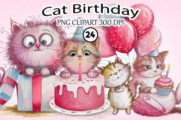 Download Whimsical Cat Birthday Clipart - Premium Bundle